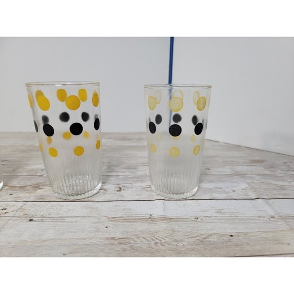 1950s Hazel Atlas Polka Dot Tallboy Glasses Anchor Hocking Polka Dots Yellow Blk - Picture 5 of 8